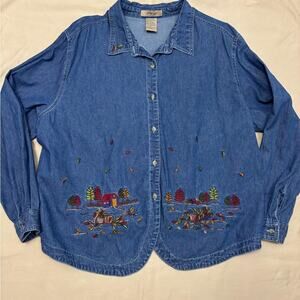 Just My Size Vintage Denim Fall Leaf Embroidered Women’s Shirt Size 22W /24 W